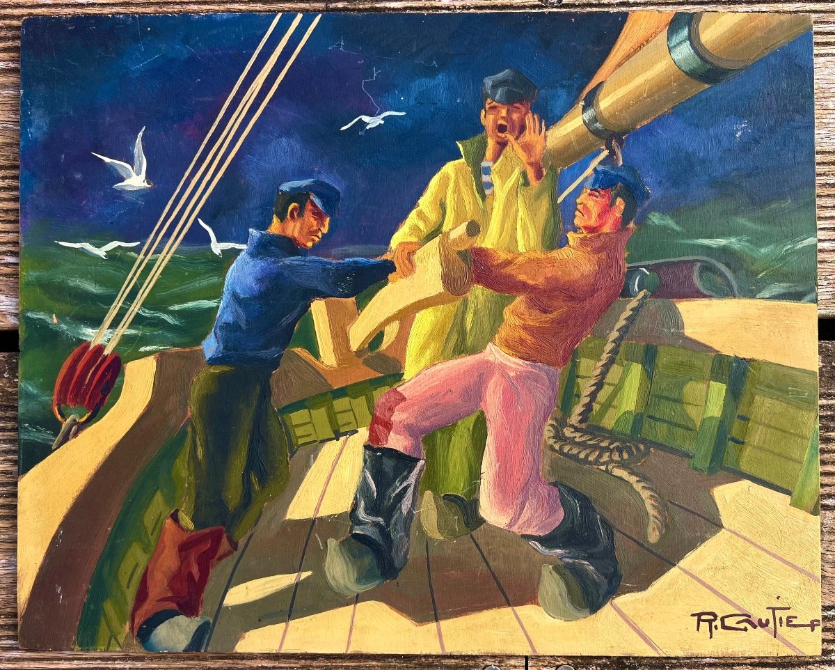 Old Painting Sailors At Sea Signed R. Gautier Circa 1930 