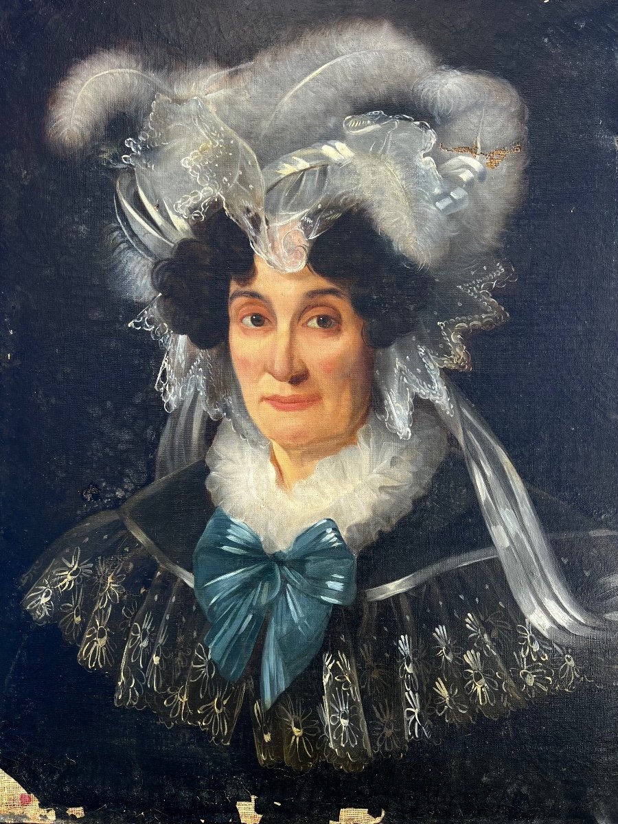 Old Painting Portrait Of Woman With Headdress 19th Century French School To Restored -photo-1