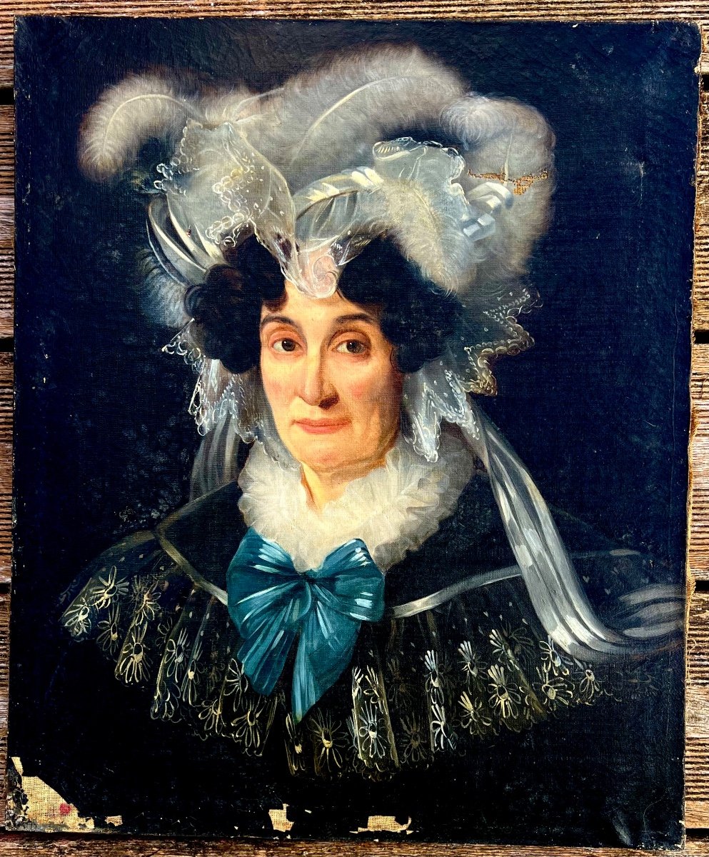 Old Painting Portrait Of Woman With Headdress 19th Century French School To Restored 