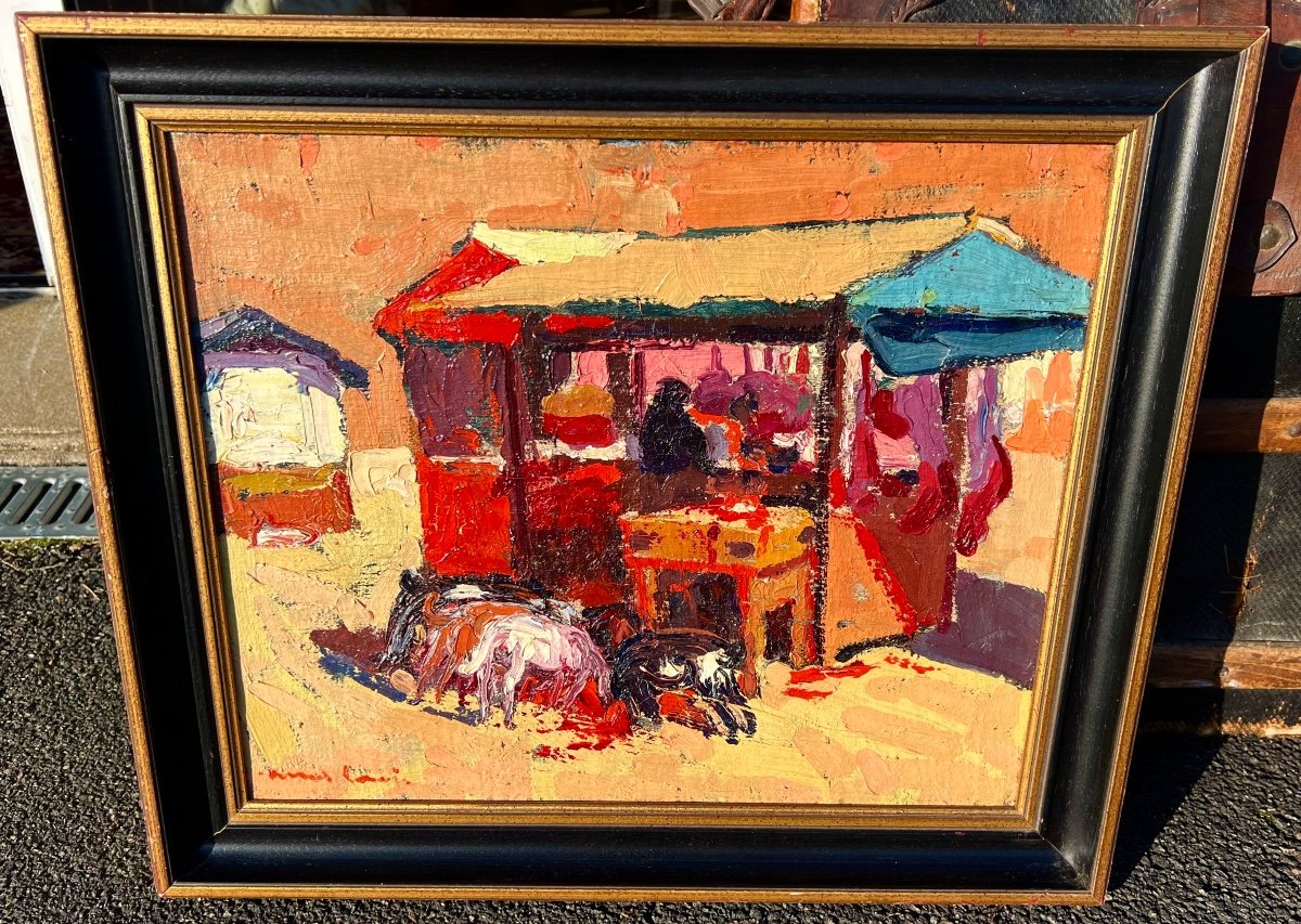 Old Painting The Market Stall Signed Marcel Lenoir 1920 Montauban  