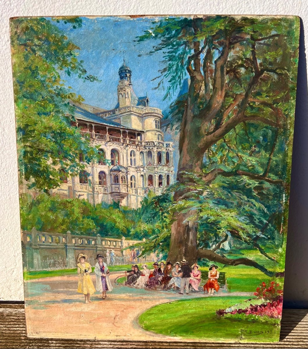 Ancien Tableau Le Château De Blois Animée Signé Jules Brien 1934  Art Déco 