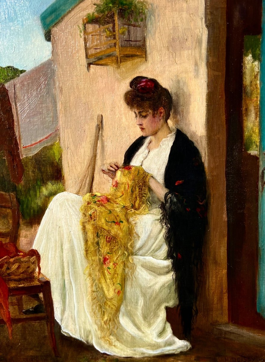 Ancienne Tableau La Brodeuse périgourdine Signé Henriette Boissy 1905 Périgord Dordogne -photo-1