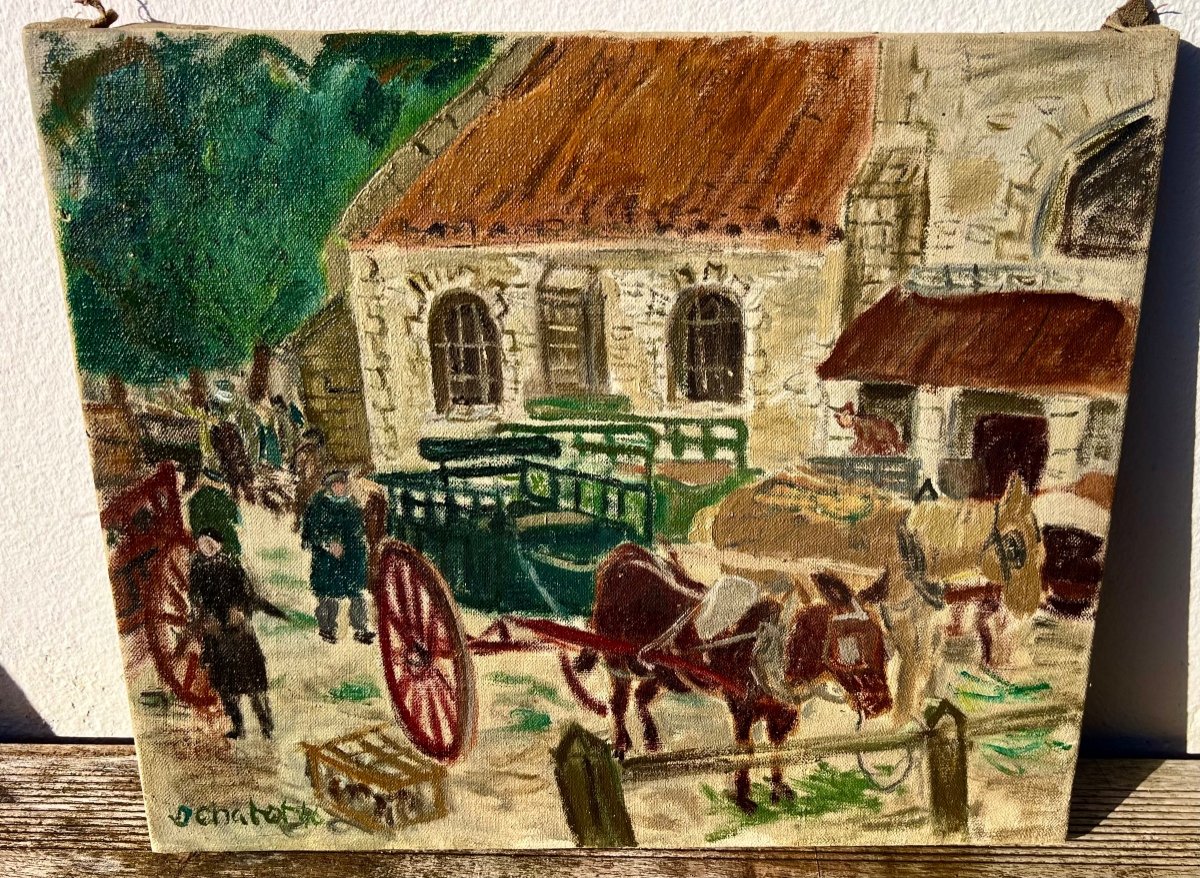 Old Painting The Vendée Market Signed Jean Chabot 1946 Nantes Vendée 