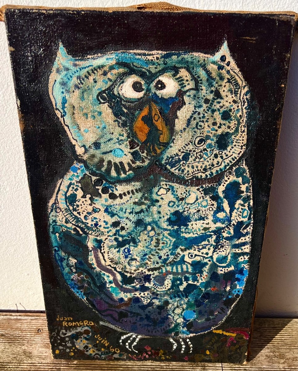 Painting The Owl Signed Juan Romero Fernandez 1960 Saint Mandé Seville Spain 