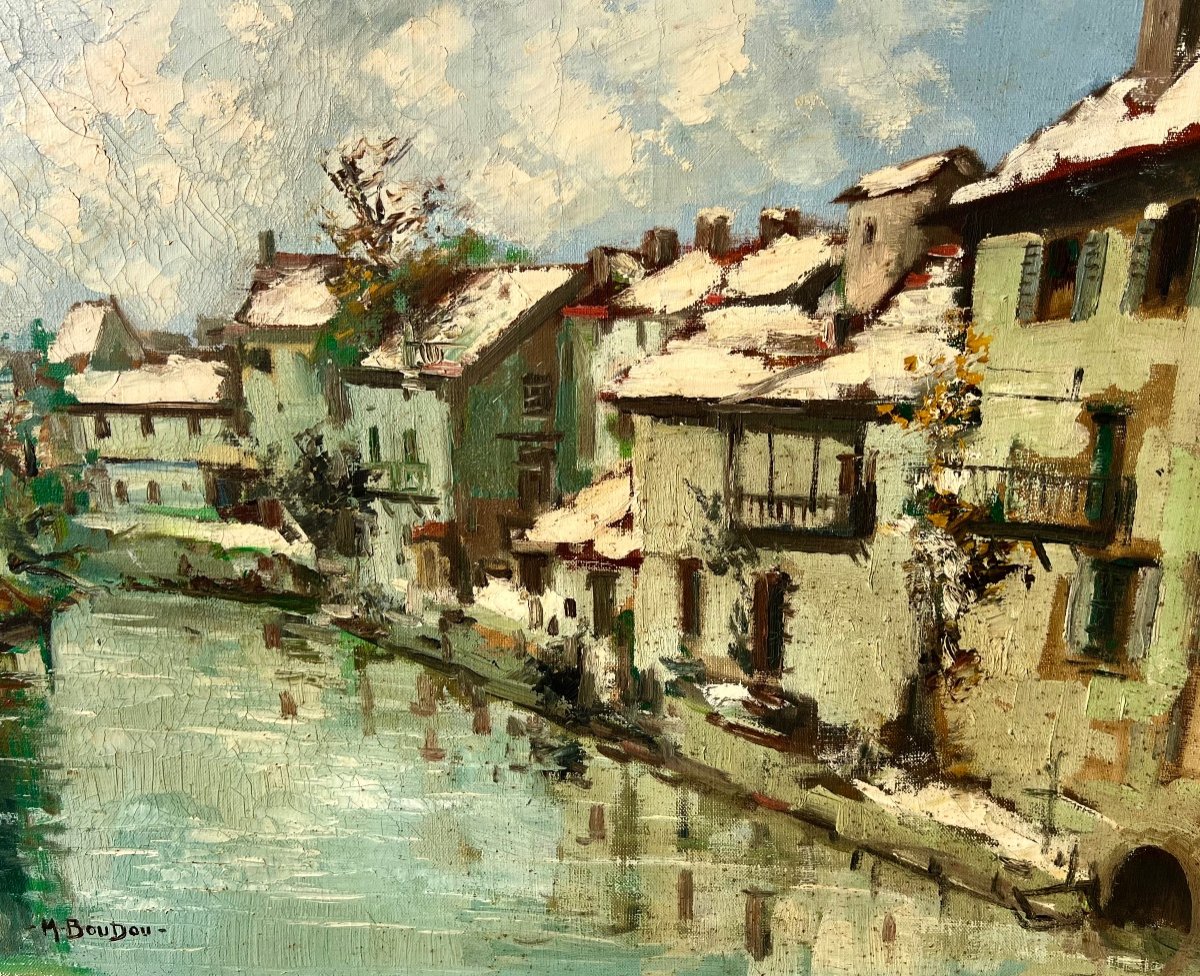 Painting Snow In Aurillac Signed Marcel Boudou 1960 Auvergne -photo-2