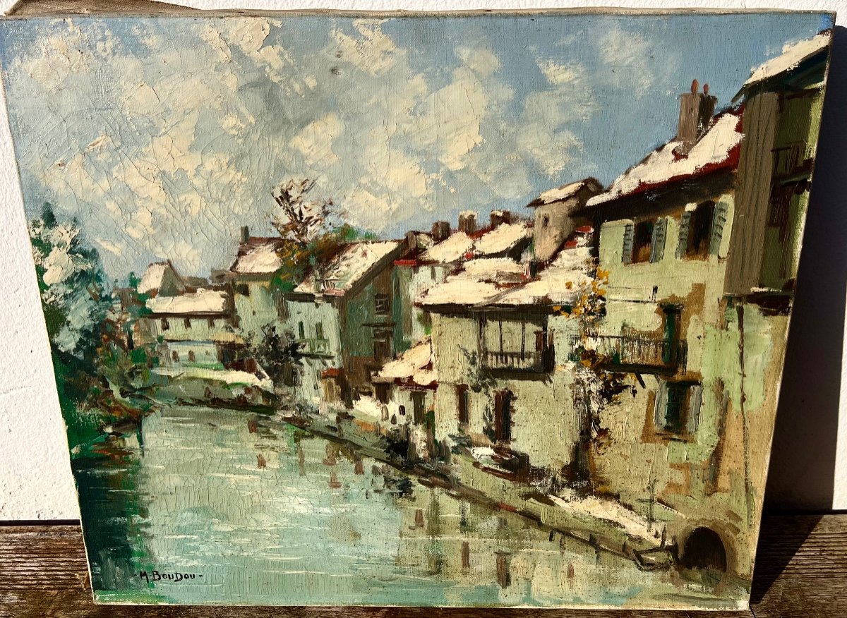 Painting Snow In Aurillac Signed Marcel Boudou 1960 Auvergne 