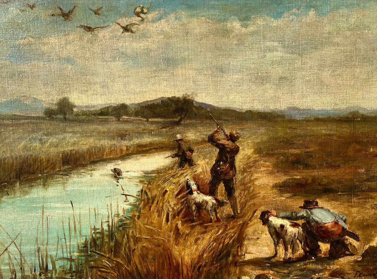 Ancien Tableau La Chasse Au Canards Signé François Castellan 1930 Vénerie Chasseurs -photo-1