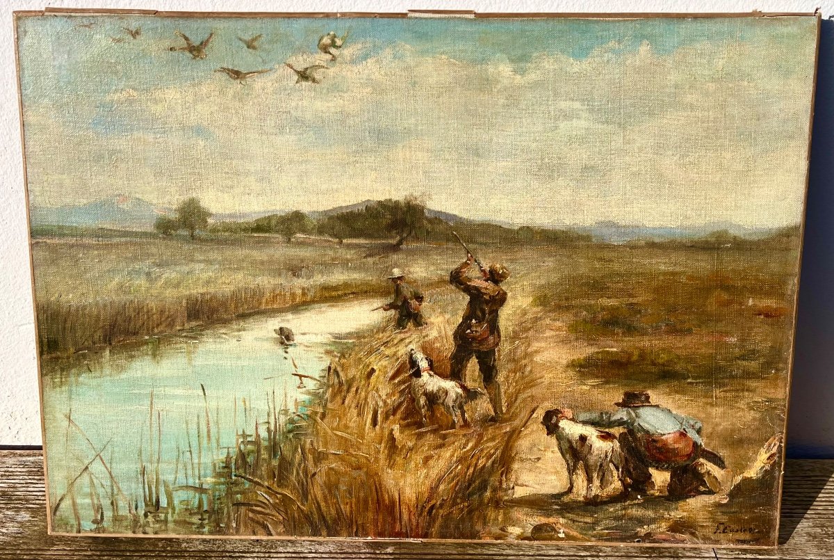 Old Painting Duck Hunting Signed François Castellan 1930 Hunting Hunters 