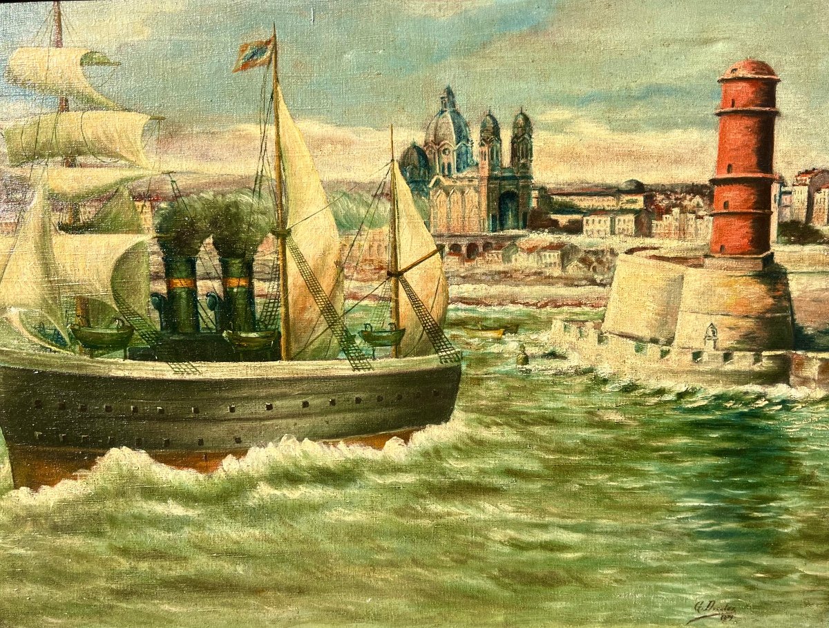 Ancien Tableau Le Remorqueur Dans Le Port De Marseille Signé Ducatez 1929 -photo-1