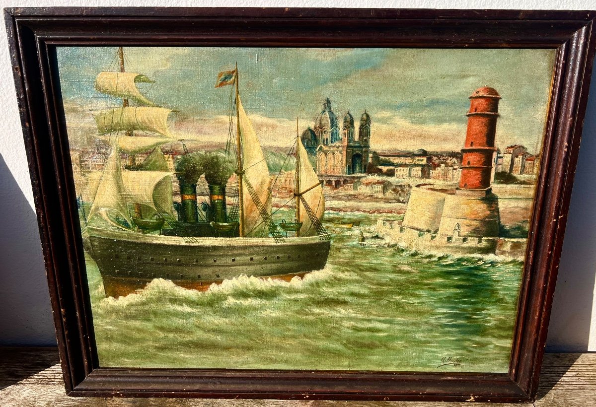 Old Painting The Tugboat In The Port Of Marseille Signed Ducatez 1929 