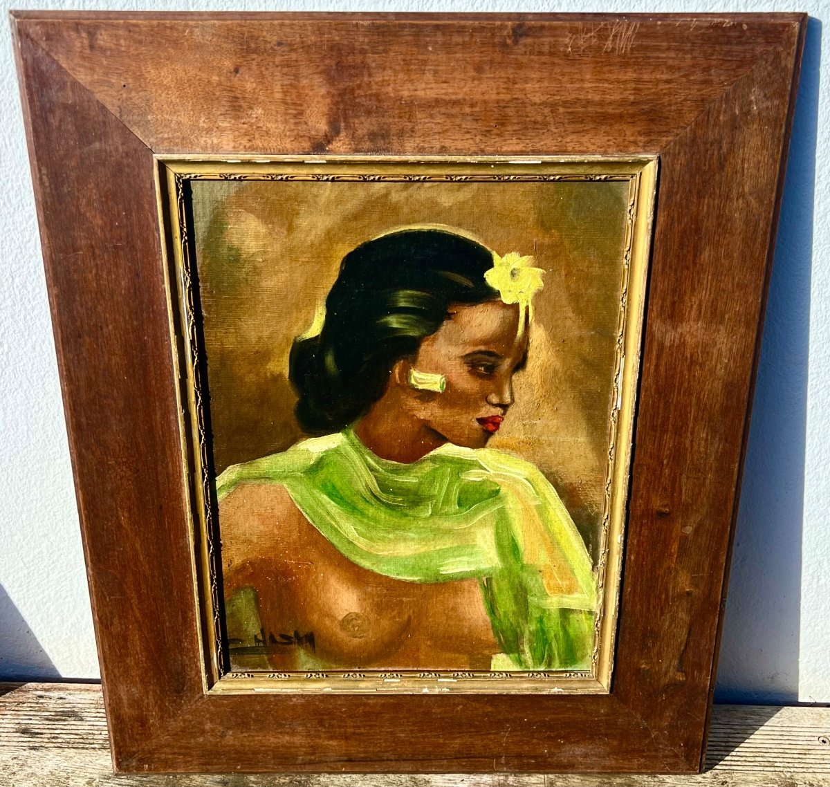 Ancien Tableau Portrait De Femme Balinaise Signé Hasan 1930 Indonésie 