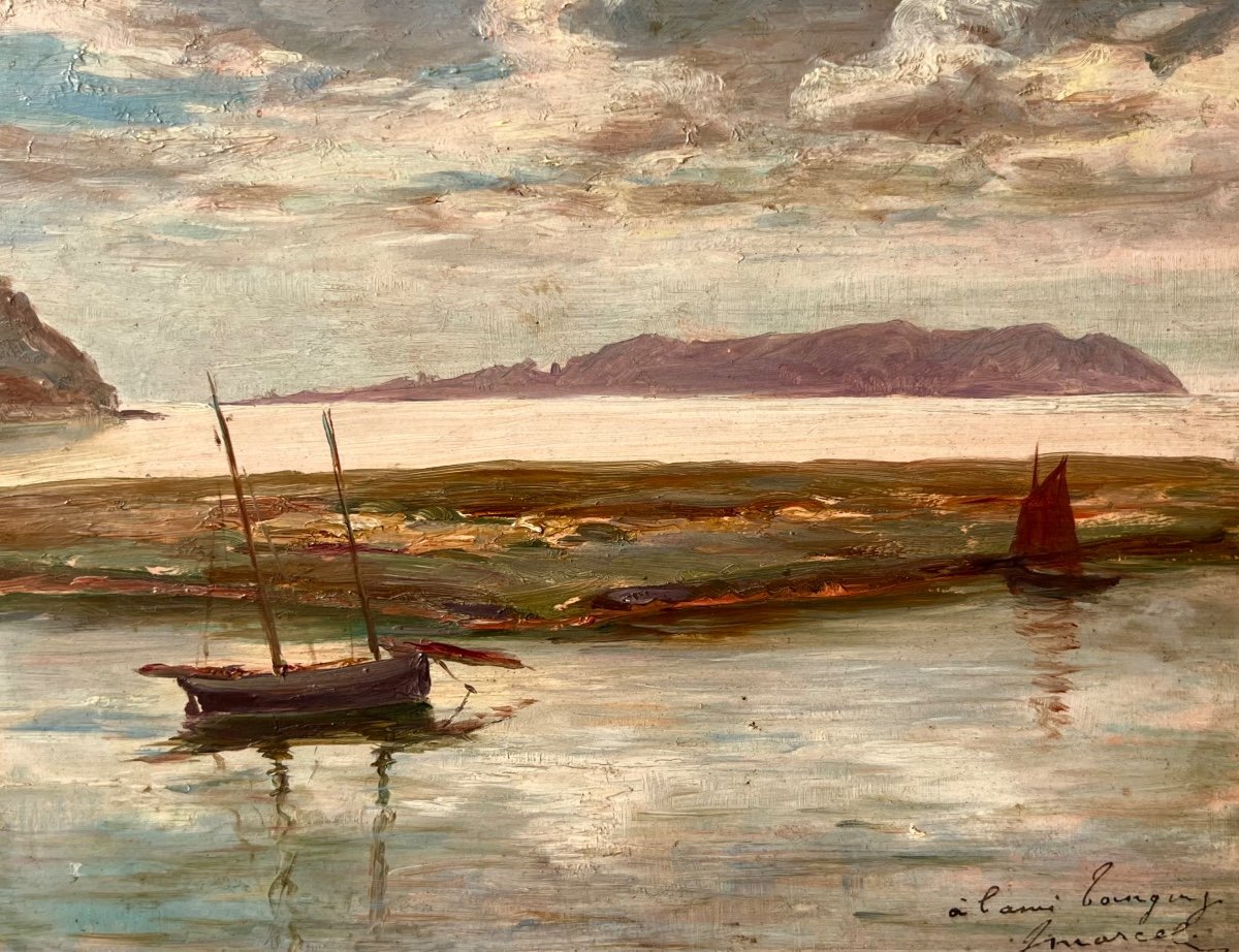 Ancien Tableau Bord De Mer En Bretagne Signé Jacques Marcelin  1900 Breton Port 