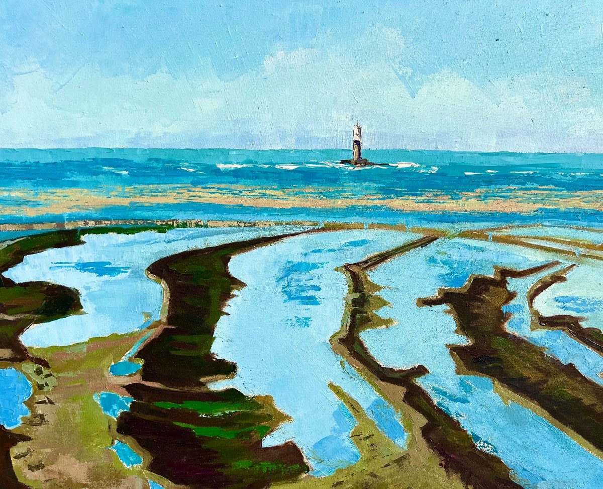 Painting Low Tide At Chassiron Signed Régine Chardonnet 1978 Oleron Island -photo-1