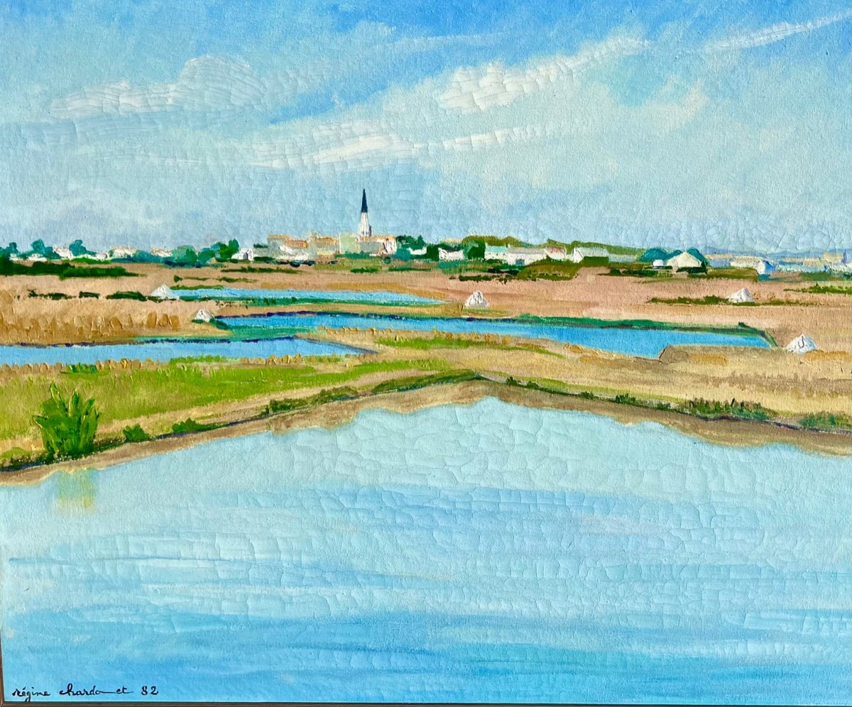 Painting View Of Ars In Ré Signed Régine Chardonnet 1982 Ile De Ré La Rochelle -photo-1