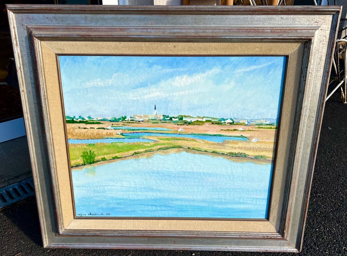 Painting View Of Ars In Ré Signed Régine Chardonnet 1982 Ile De Ré La Rochelle 