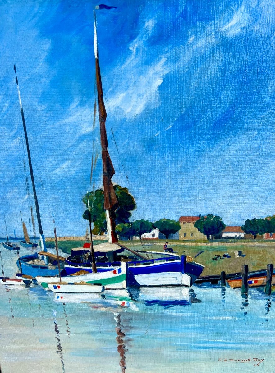 Ancien Tableau Un Port En Charente Signé René émile Durand Roy 1944 Saintes-photo-1