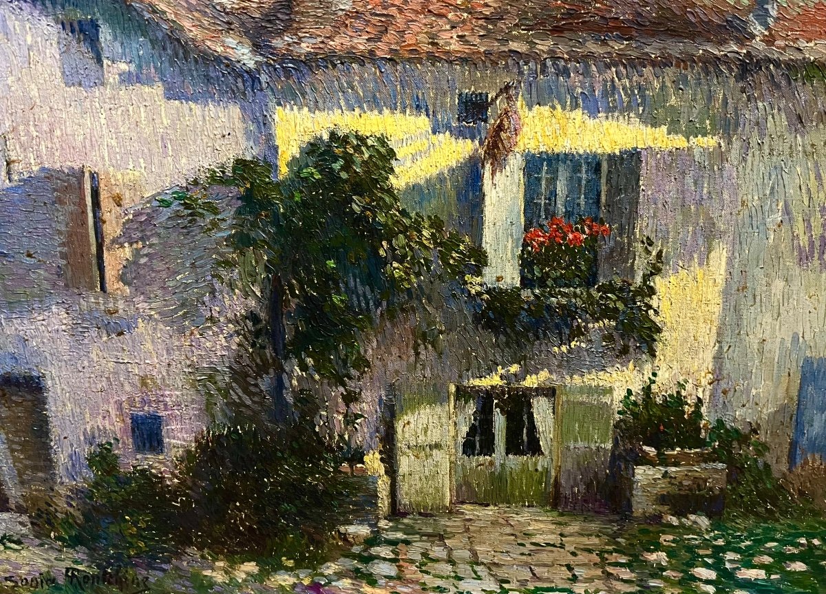 Ancien Tableau La Maison Signé Sonia Routchine 1920 Russe -photo-1