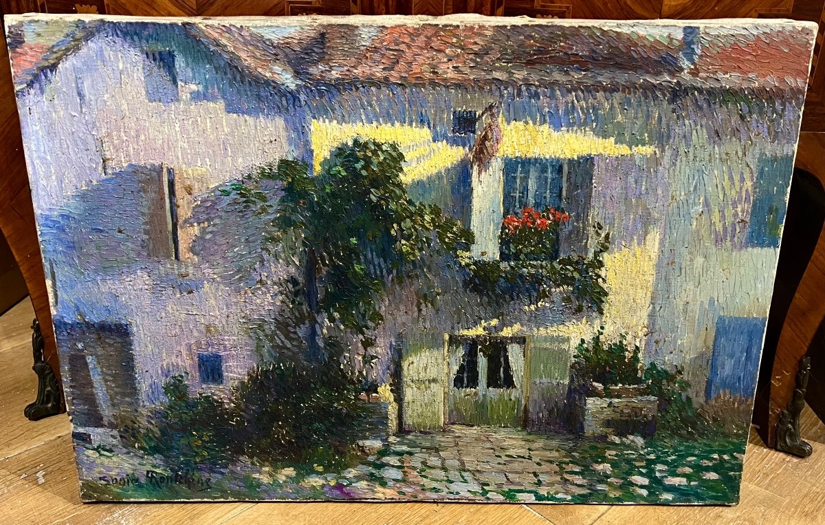 Ancien Tableau La Maison Signé Sonia Routchine 1920 Russe 