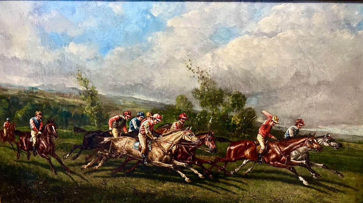 Ancien Tableau La Course Hippique Signé José De Cala Y Moya 19 Eme Espagne -photo-1