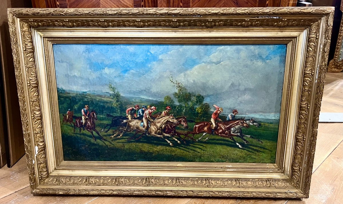 Ancien Tableau La Course Hippique Signé José De Cala Y Moya 19 Eme Espagne 