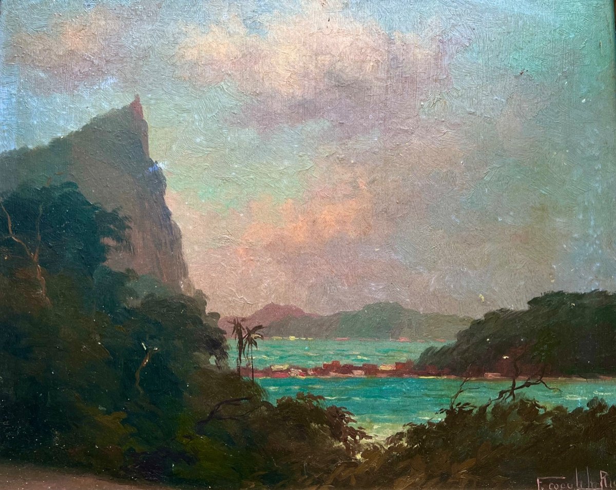 Ancien Tableau La Baie De Rio Signé Francisco Coculilo 1930 Brésil  -photo-1