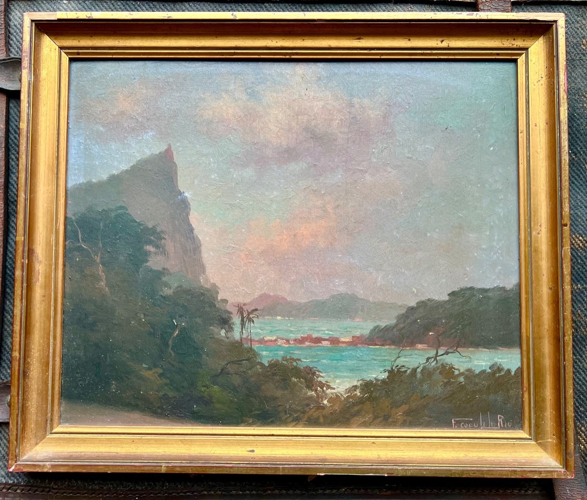 Ancien Tableau La Baie De Rio Signé Francisco Coculilo 1930 Brésil  