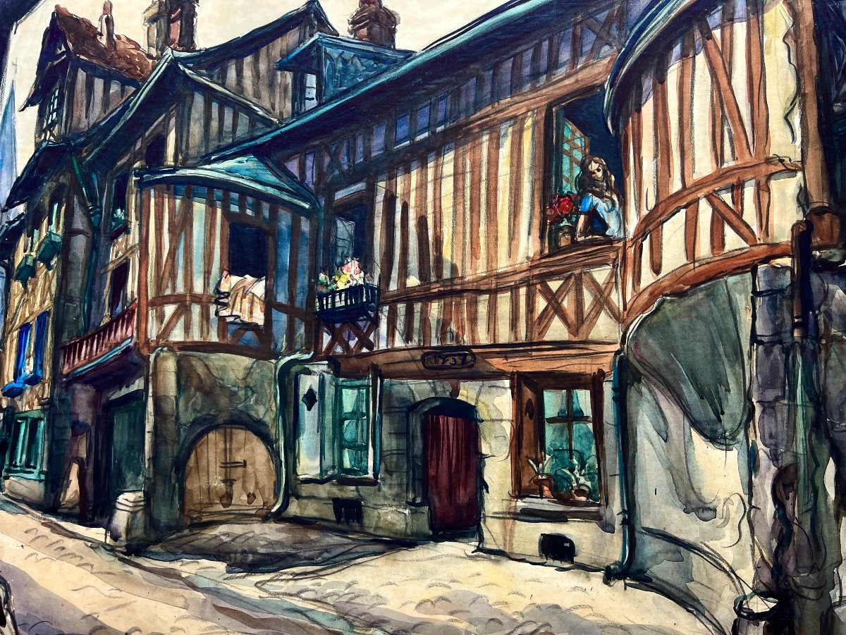 Ancienne Aquarelle La Rue Des Matelas à Rouen Signé Pierre Le Trividic 1930 Normandie -photo-1