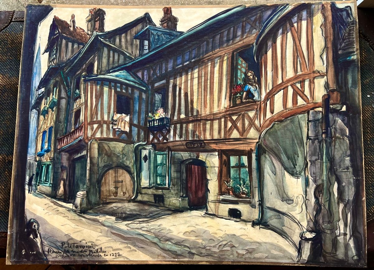 Ancienne Aquarelle La Rue Des Matelas à Rouen Signé Pierre Le Trividic 1930 Normandie 