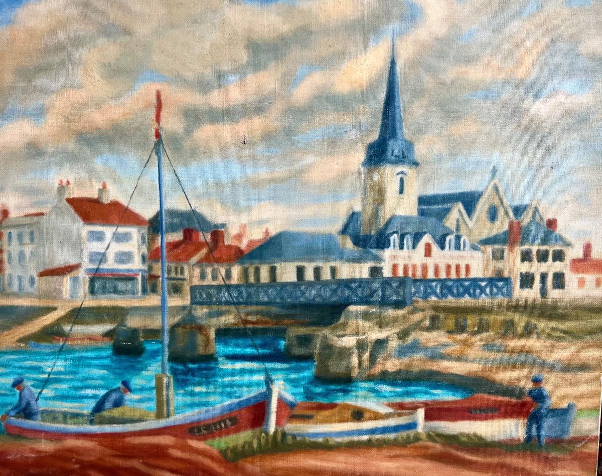 Ancien Tableau Le Port De Saint Gille Croix De Vie Par Pierre Hellgouarch  Vendée -photo-1