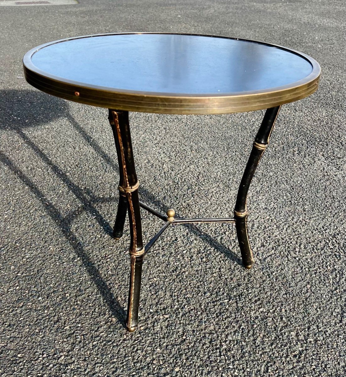 Leather-covered Bamboo Gueridon Table By Jacques Adnet Art Deco -photo-1