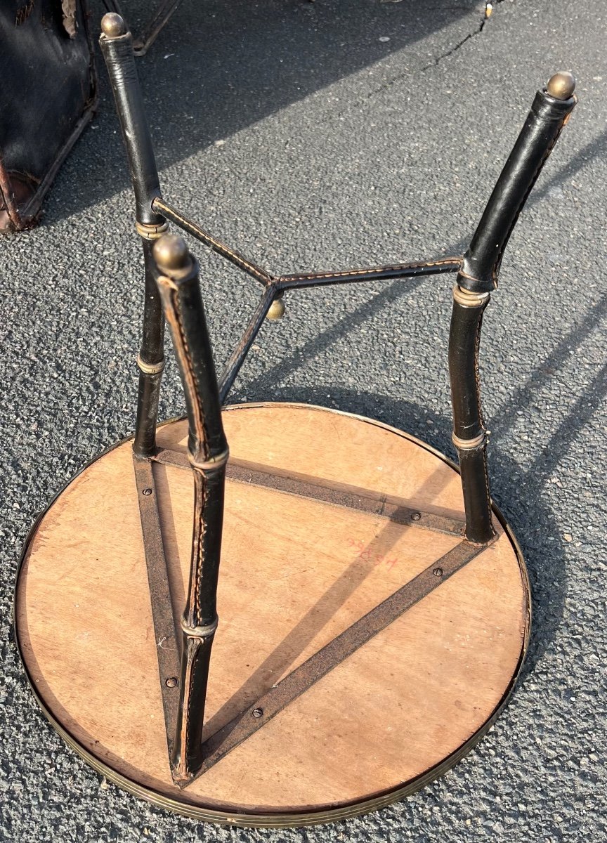 Leather-covered Bamboo Gueridon Table By Jacques Adnet Art Deco -photo-3