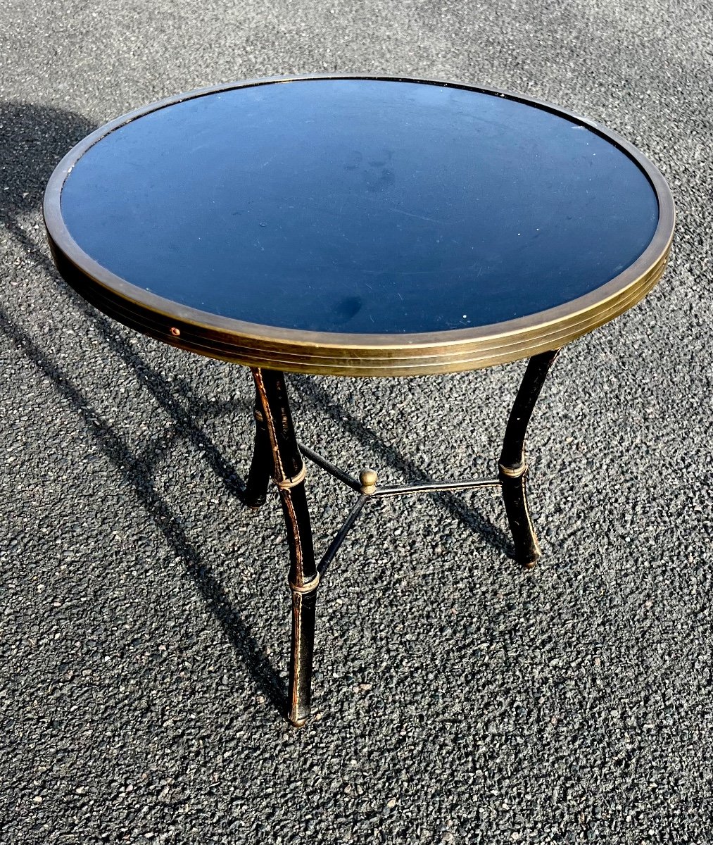 Leather-covered Bamboo Gueridon Table By Jacques Adnet Art Deco 