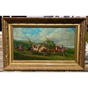 Ancien Tableau La Course Hippique Signé José De Cala 19 Eme Cheval Espagne 