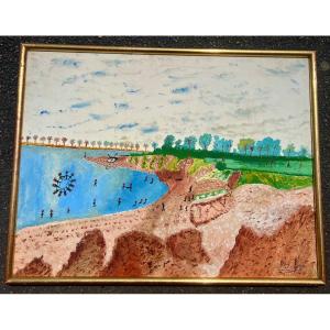 Painting The Beach From Shirt Kit Signed Louis Roy Naive Art Ile Ré La Rochelle 