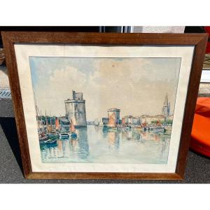 Watercolor Painting The Port Of La Rochelle Signed Christian Couillaud 