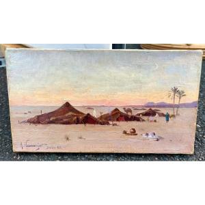 Old Painting The Camp In Biskra Signed Abraham Hermenjat 19th Algeria Orientalist