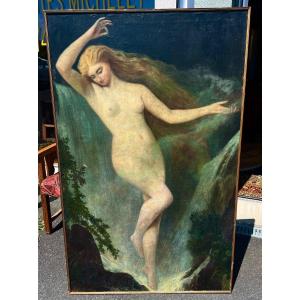 Old Large Painting The Naked Woman At The Symbolist Waterfall 1891 Signed 