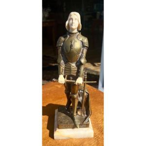 Old Bronze Chryselephantine Joan Of Arc Signed Georges Saulo 1920 Art Deco   
