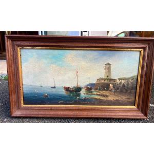 Old Painting The Animated Maritime Port Signed Pierre Julien Gilbert 19th Century Marine