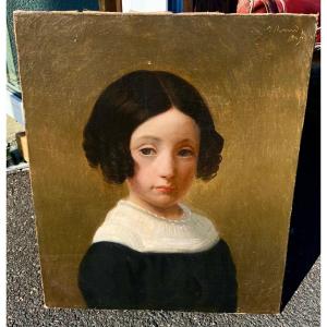 Old Painting Portrait Of Young Girl Signed 1849 French School 