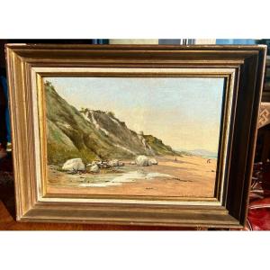 Old Painting The Basque Coast In Biarritz French School 19th 