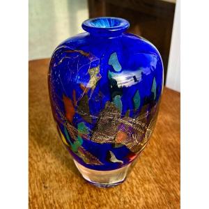 Vase En Verre Abstraction Bleue Signé Jean Claude Novaro 1992 