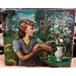 Ancien Tableau Portrait Femme Aux Fleurs Signé Pierre Langlade 1930 La Rochelle 