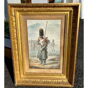 Ancien Tableau Aquarelle Portrait  Grenadier Empire Signé Charlet 19 Eme  Militaire 