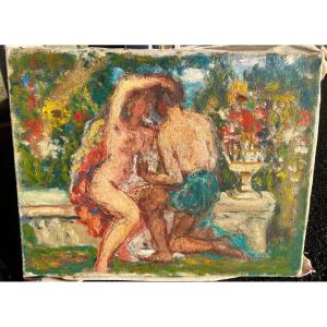 Ancien Tableau Le Couple Au Jardin Signé Gabriel Charlopeau Vers 1930 La Rochelle 