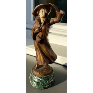 Antique Bronze Sculpture Chryselephantine The Elegant Signed Vuillemin 1920 Art Nouveau 