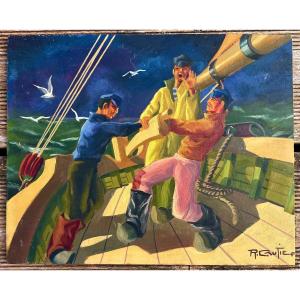 Ancien Tableau Les Marins En Mer Signé R.Gautier Vers 1930 