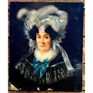 Old Painting Portrait Of Woman With Headdress 19th Century French School To Restored 