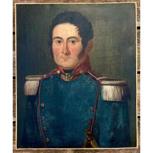 Old Painting Portrait Of A Soldier Empire Period 19th French School 