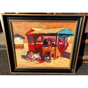 Ancien Tableau L’étal Au Marché Signé Marcel Lenoir 1920 Montauban  